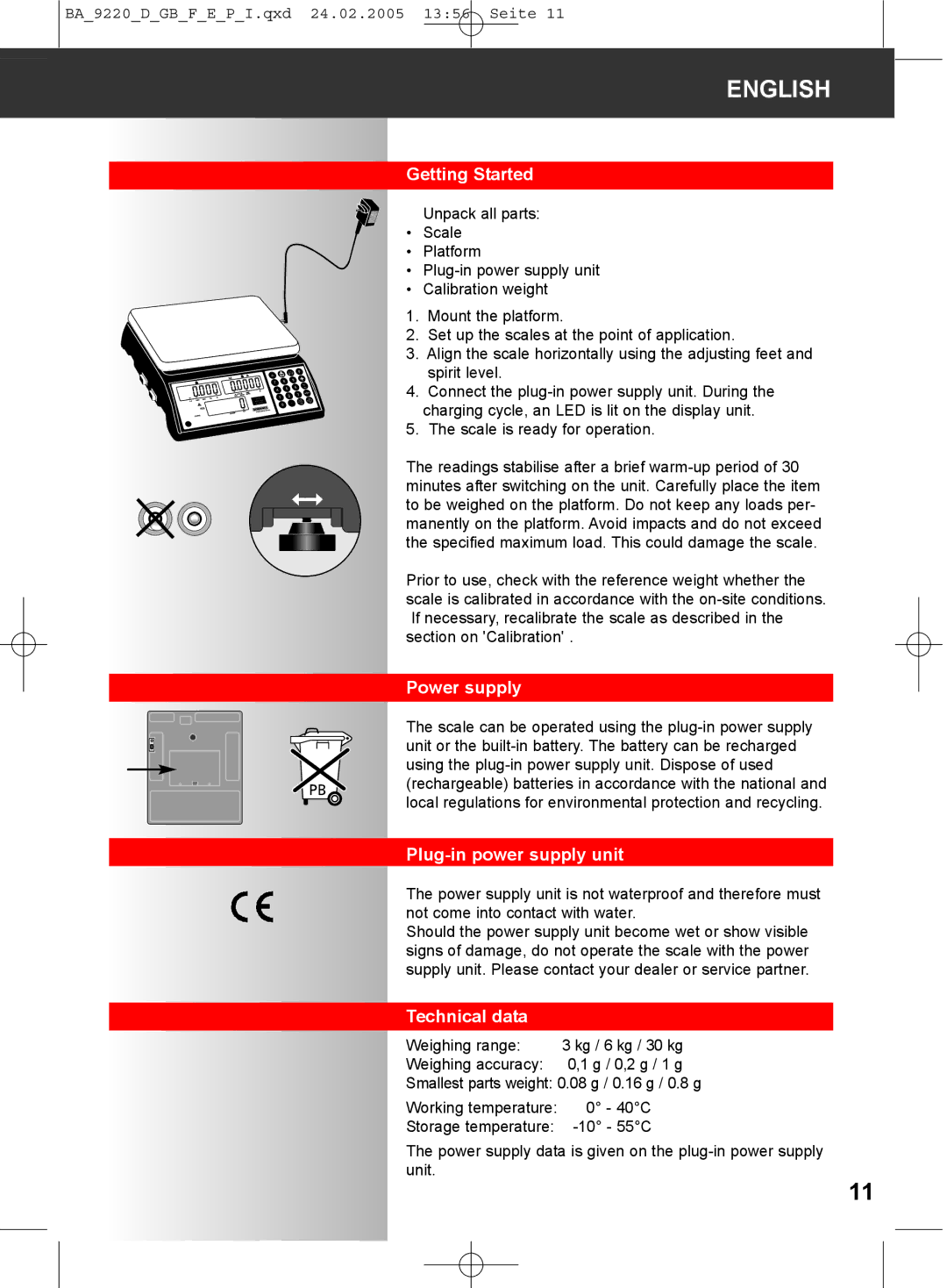 Soehnle 9220 manual Getting Started, Power supply, Plug-in power supply unit, Technical data 