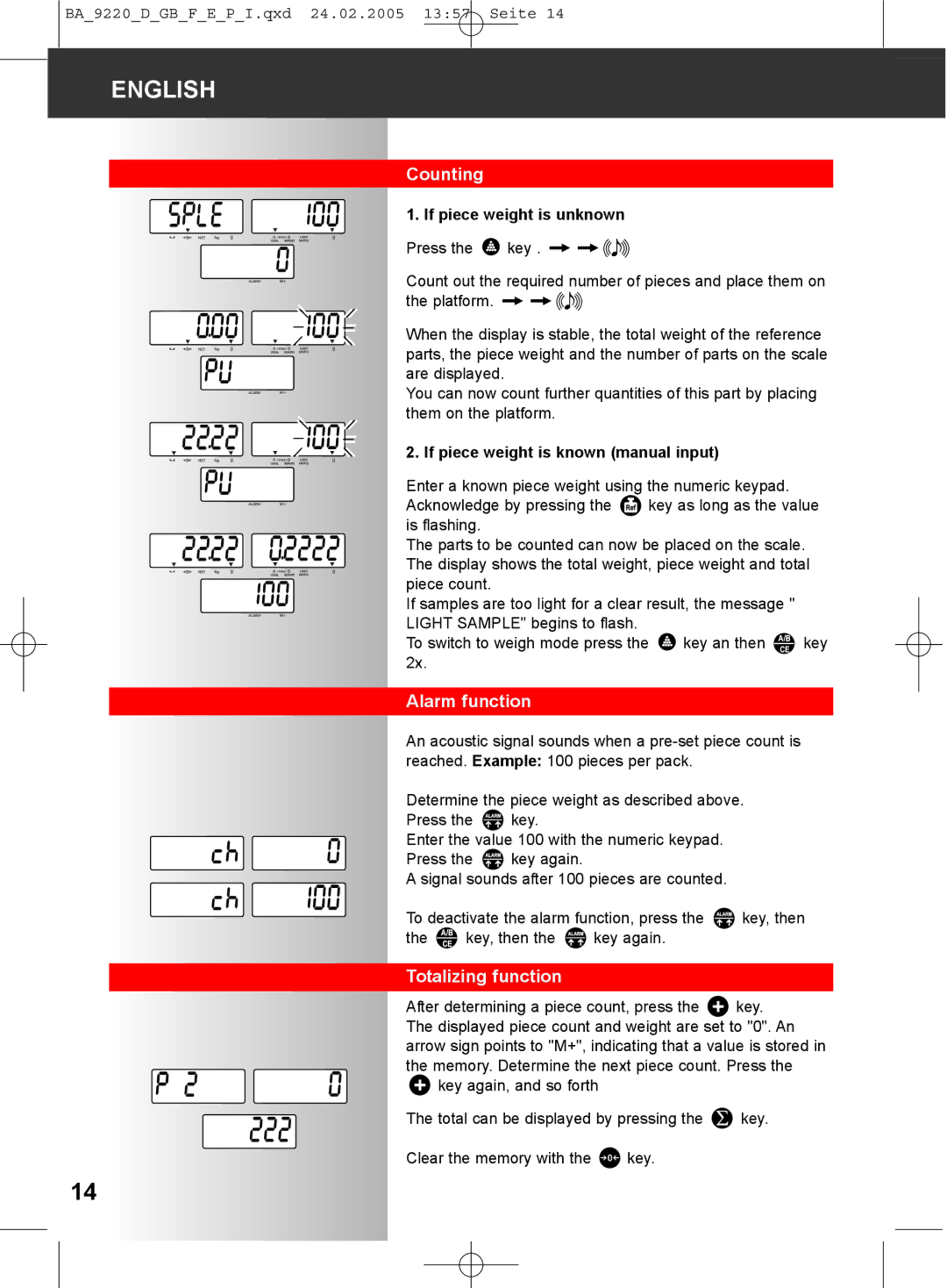 Soehnle 9220 manual Counting, Alarm function, Totalizing function, If piece weight is unknown 