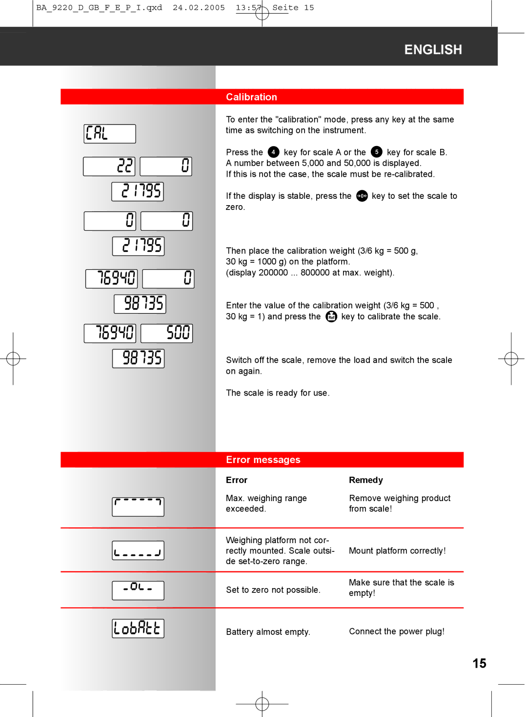 Soehnle 9220 manual Calibration, Error messages, Error Remedy 