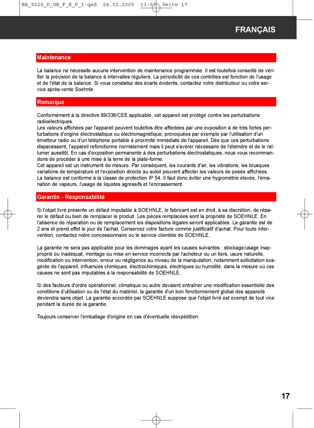 Soehnle 9220 manual Remarque, Garantie Responsabilité 