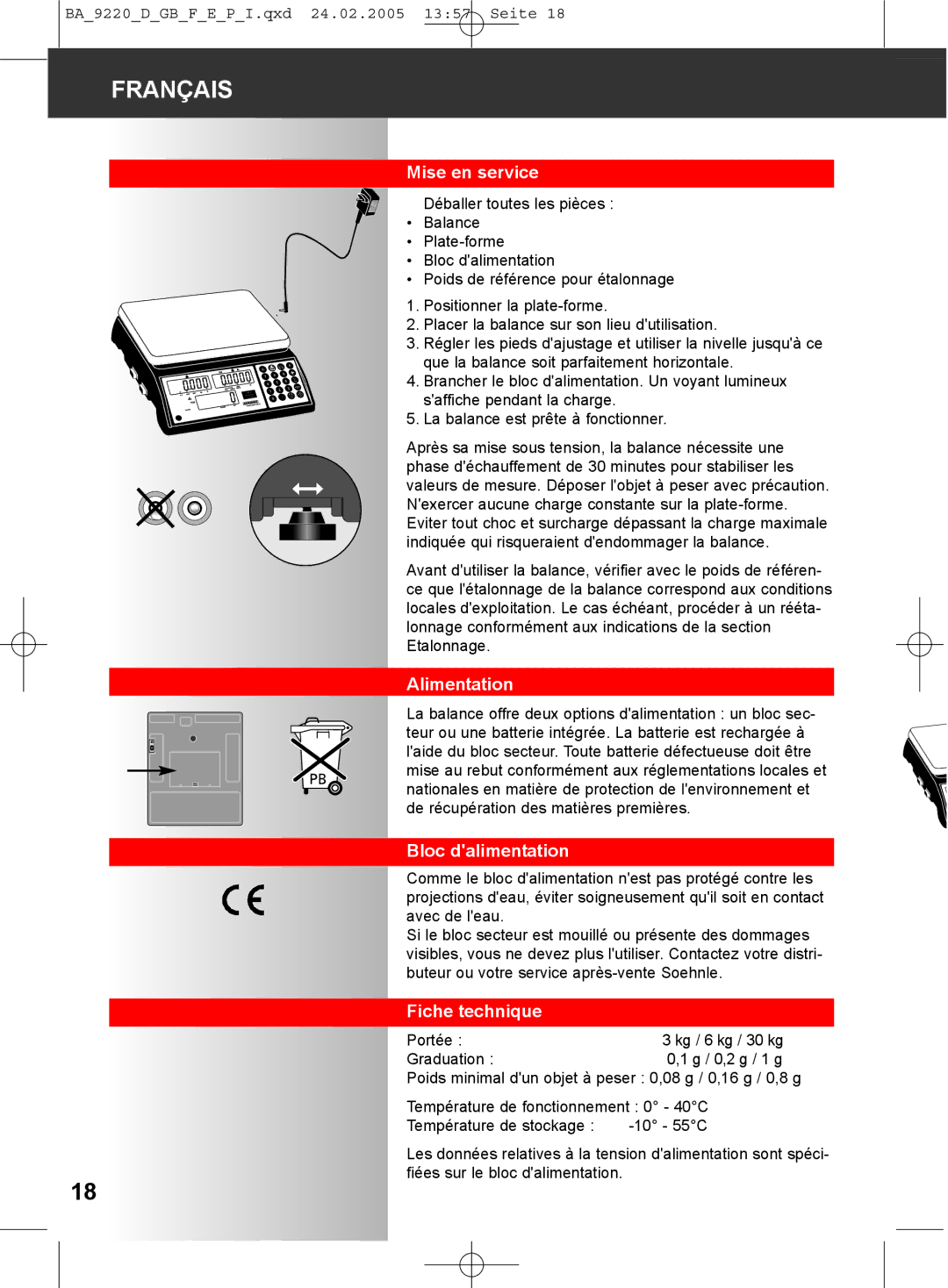 Soehnle 9220 manual Mise en service, Alimentation, Bloc dalimentation, Fiche technique 