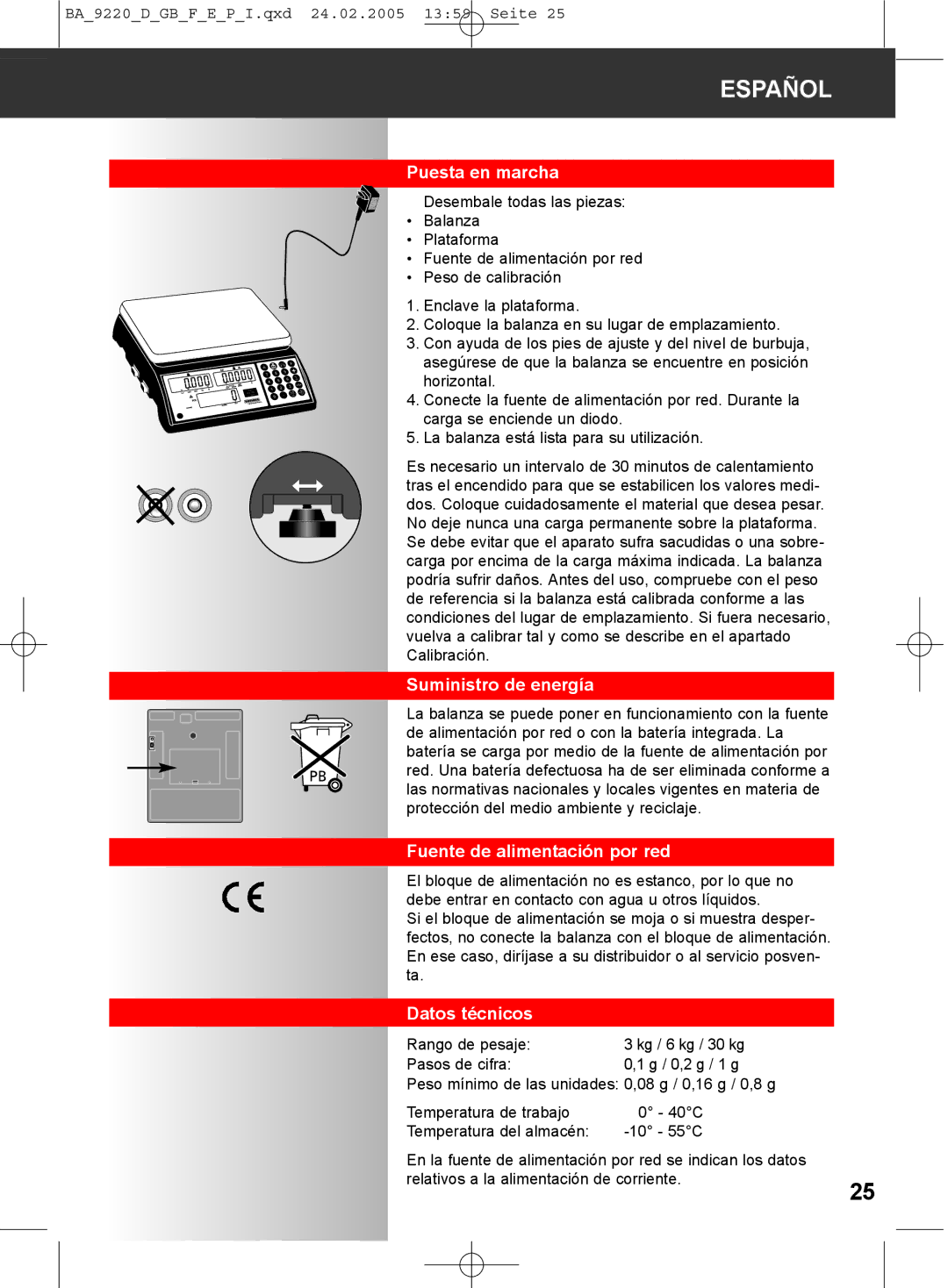 Soehnle 9220 manual Puesta en marcha, Suministro de energía, Fuente de alimentación por red, Datos técnicos 