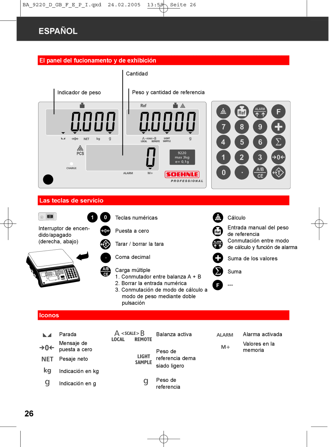 Soehnle 9220 manual El panel del fucionamento y de exhibición, Las teclas de servicio, Iconos 