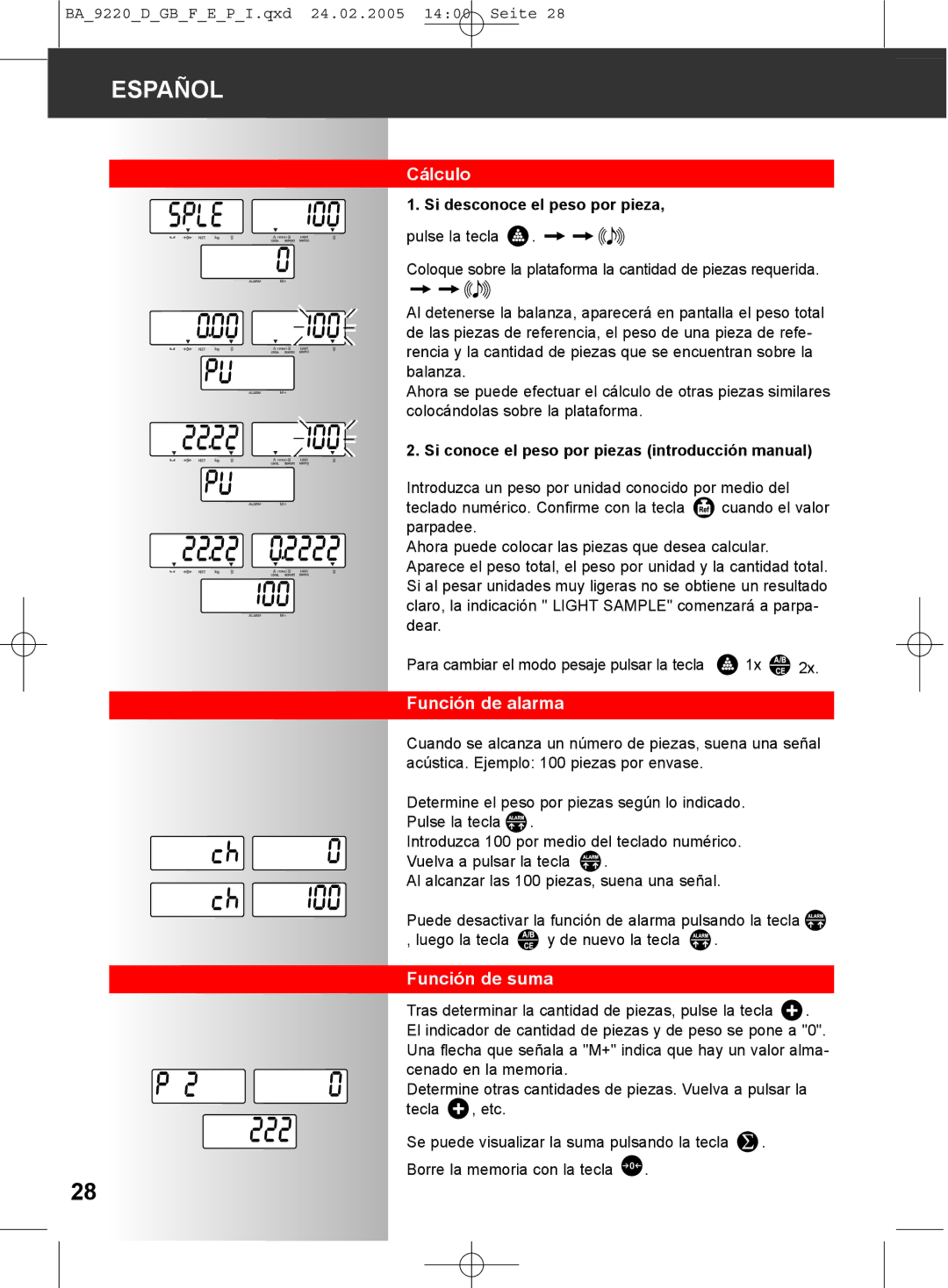 Soehnle 9220 manual Cálculo, Función de alarma, Función de suma, Si desconoce el peso por pieza 