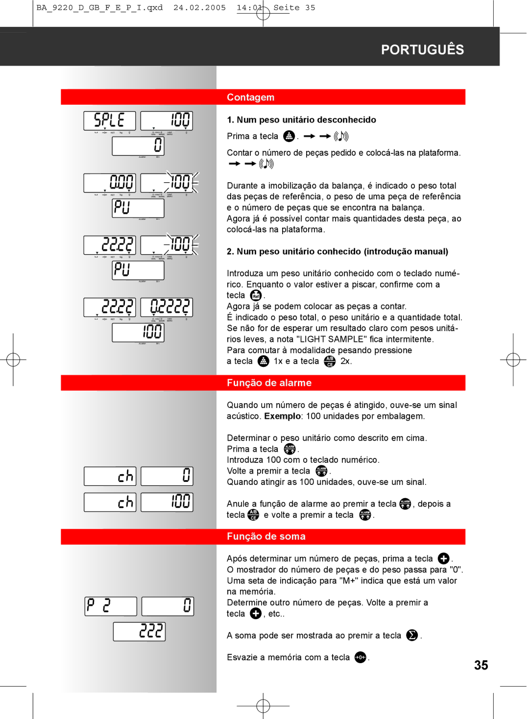 Soehnle 9220 manual Contagem, Função de alarme, Função de soma, Num peso unitário desconhecido 