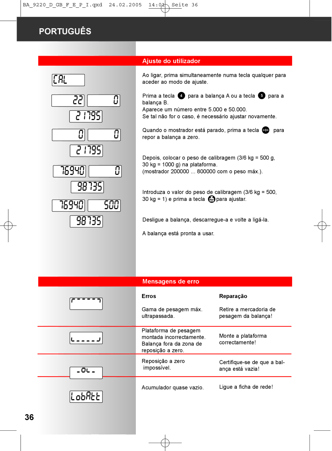 Soehnle 9220 manual Ajuste do utilizador, Mensagens de erro, Erros Reparação 