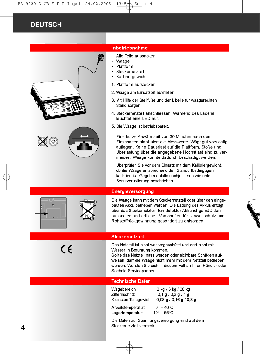 Soehnle 9220 manual Inbetriebnahme, Energieversorgung, Steckernetzteil 