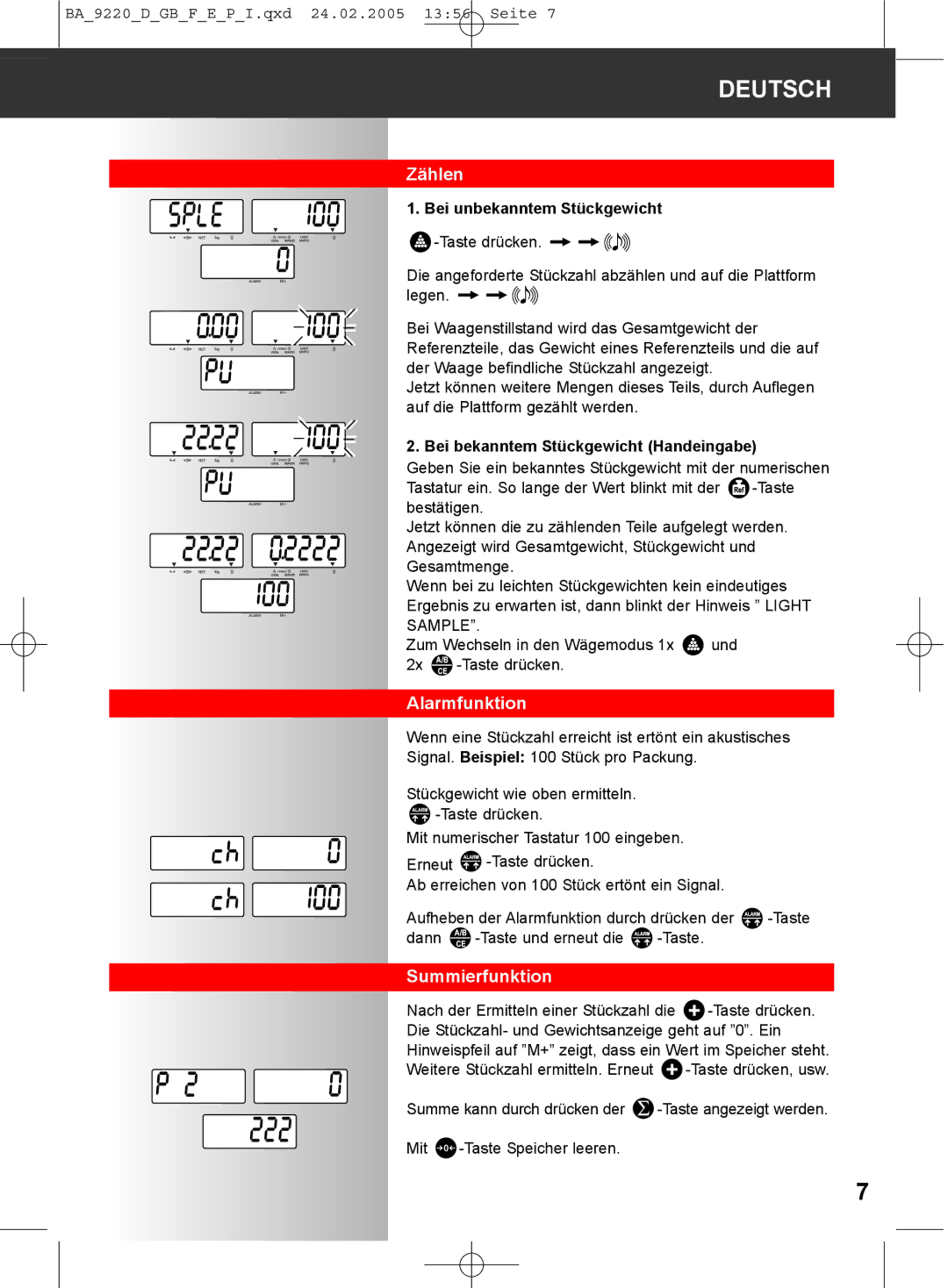 Soehnle 9220 Zählen, Alarmfunktion, Summierfunktion, Bei unbekanntem Stückgewicht, Bei bekanntem Stückgewicht Handeingabe 