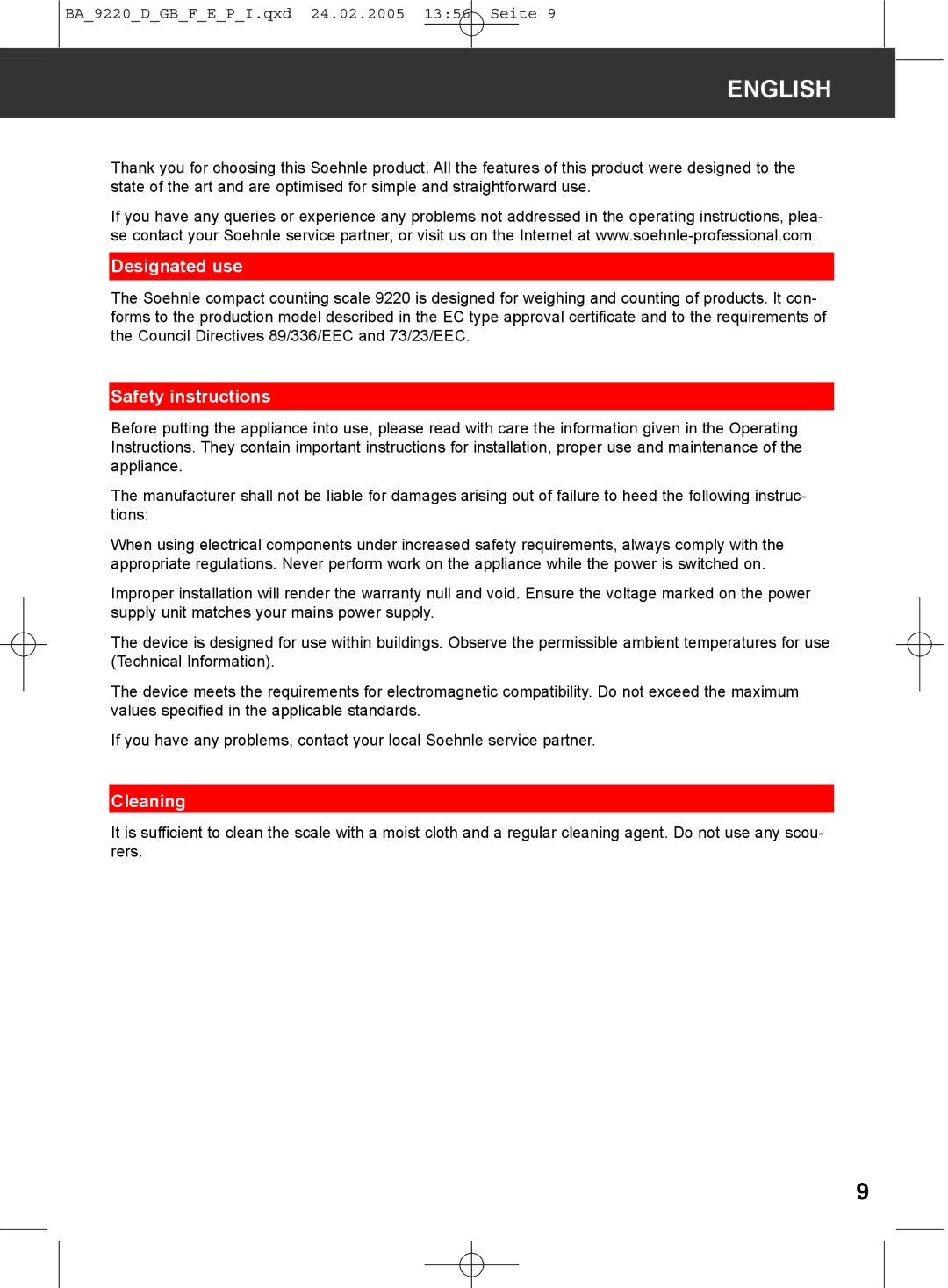 Soehnle 9220 manual English, Designated use, Safety instructions, Cleaning 