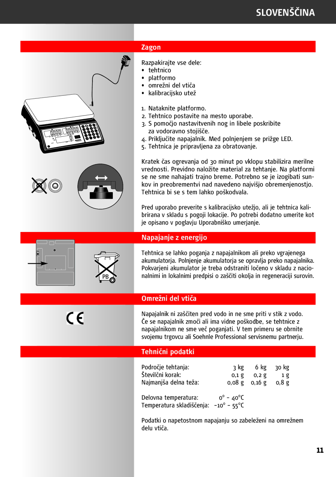 Soehnle 9220 manual Zagon, Napajanje z energijo, Omrežni del vtiča, Tehnični podatki 