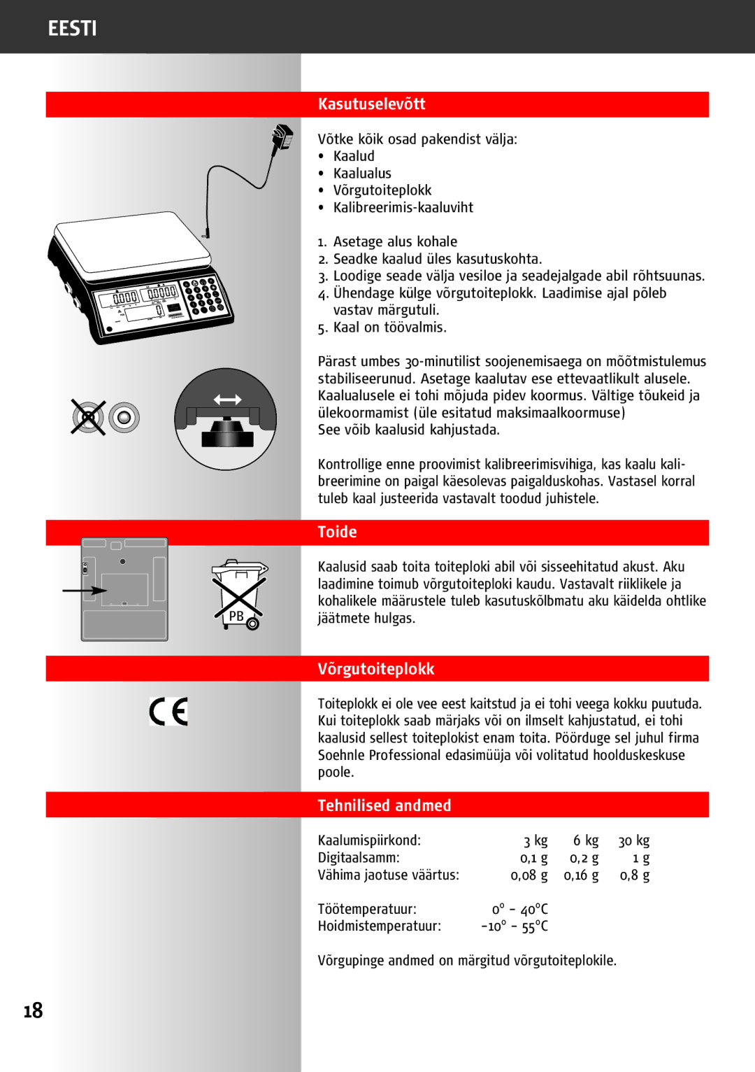 Soehnle 9220 manual Kasutuselevõtt, Toide, Võrgutoiteplokk, Tehnilised andmed 