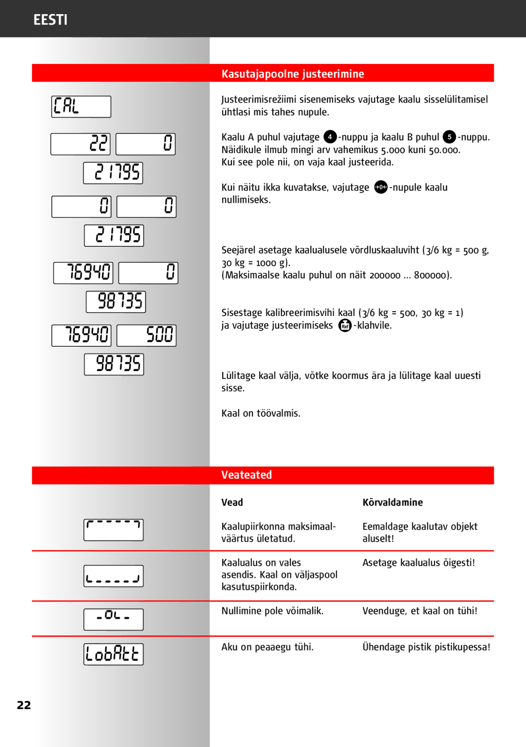 Soehnle 9220 manual Kasutajapoolne justeerimine, Veateated, Vead Kõrvaldamine 