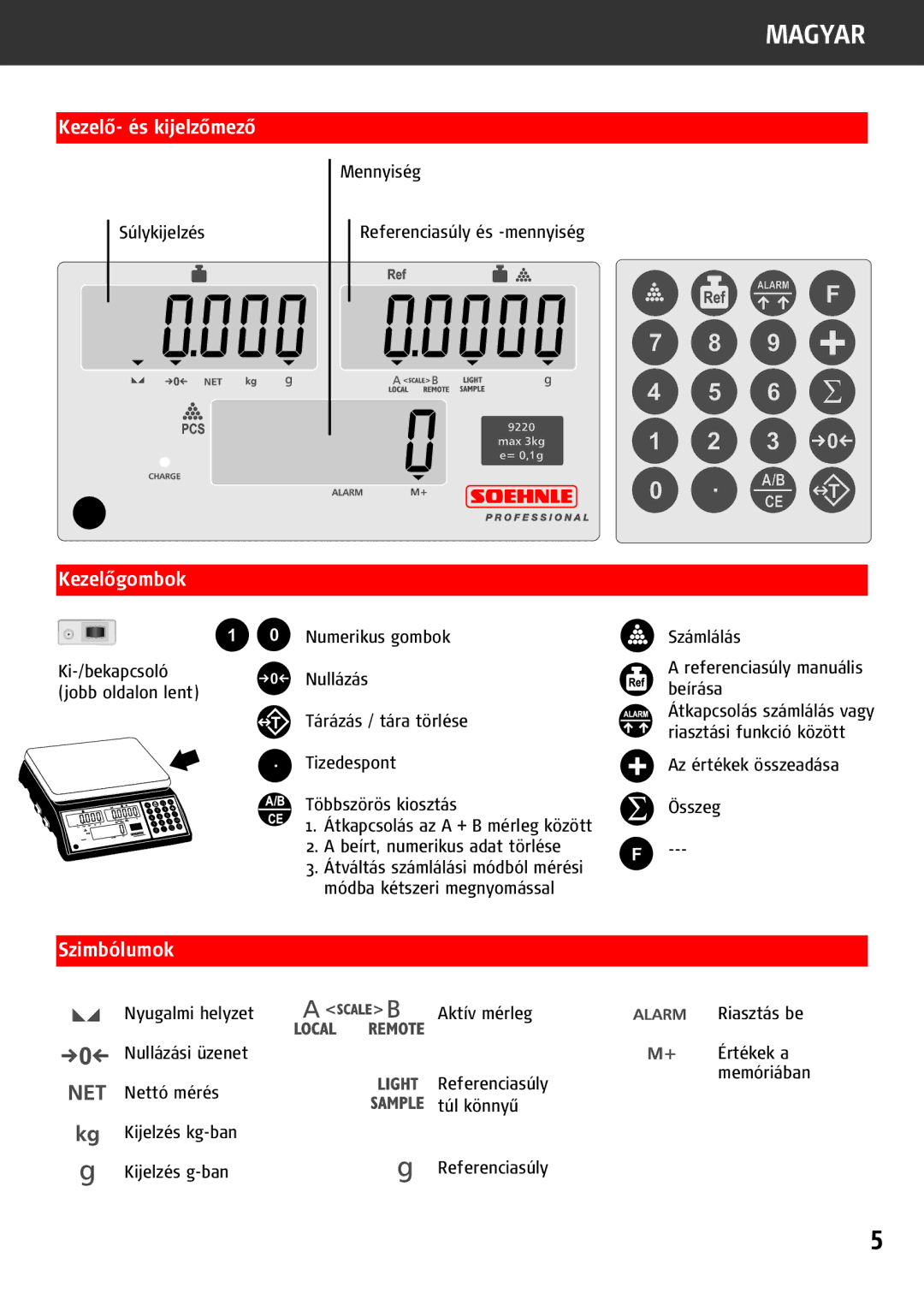 Soehnle 9220 manual Kezelő- és kijelzőmező, Kezelőgombok, Szimbólumok 