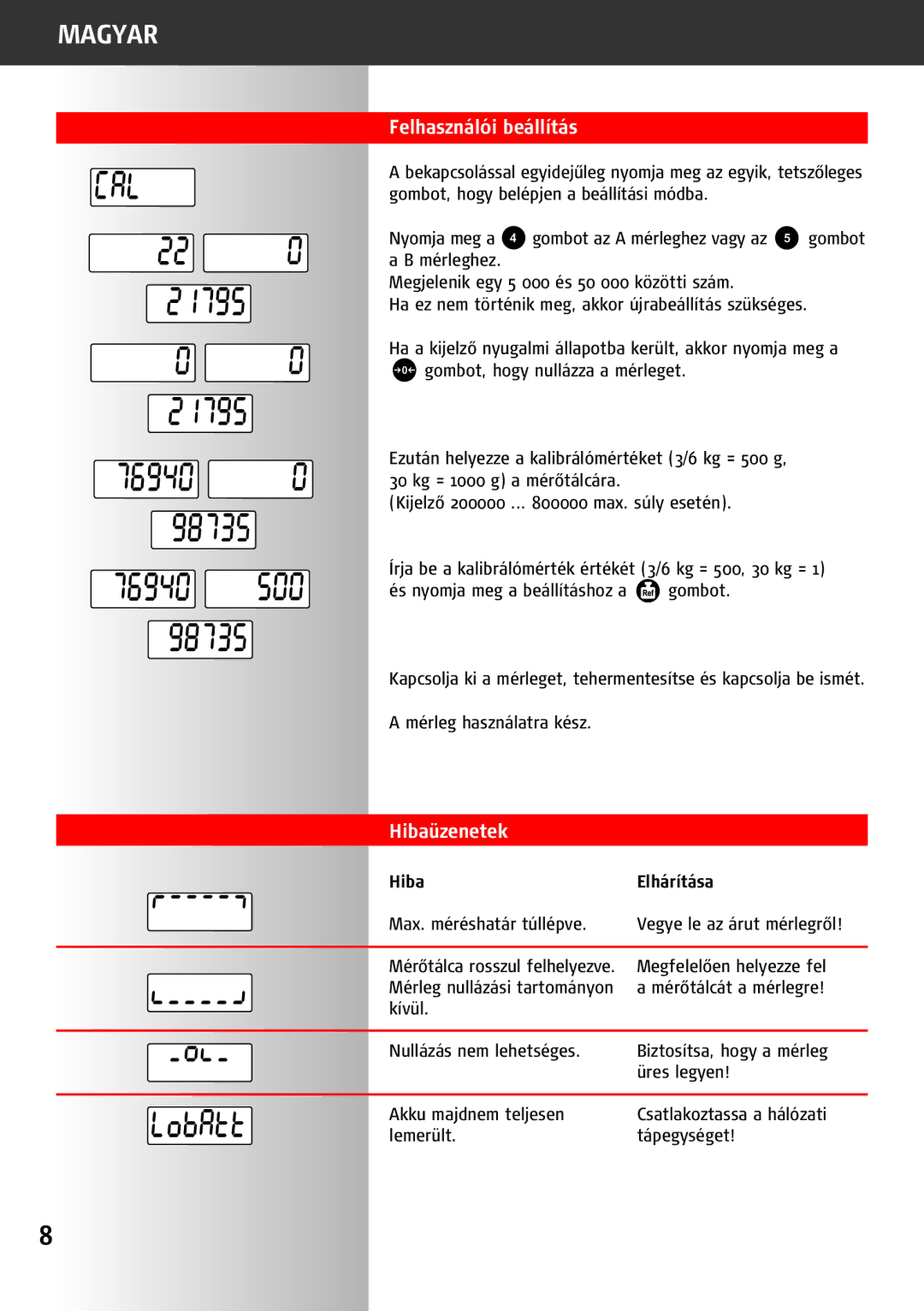 Soehnle 9220 manual Felhasználói beállítás, Hibaüzenetek, Hiba Elhárítása 