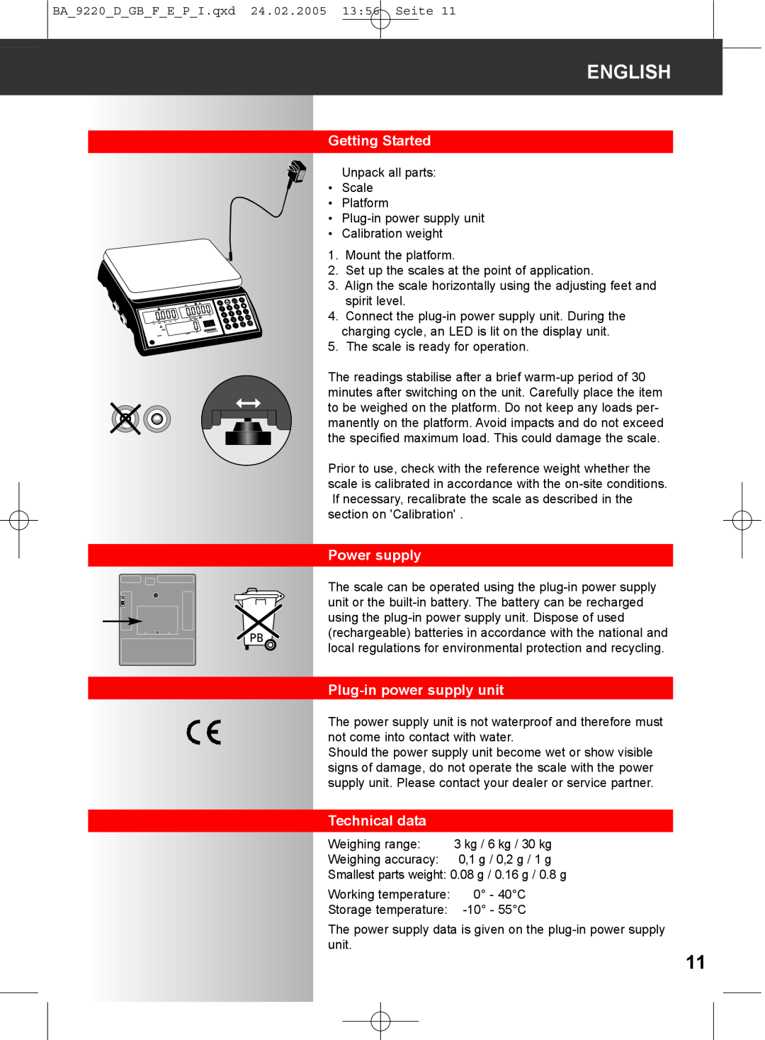 Soehnle 9220 manual Getting Started, Power supply, Plug-in power supply unit, Technical data, English 
