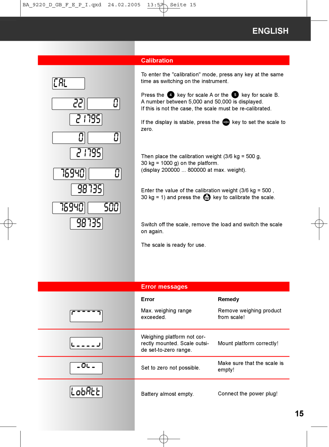 Soehnle 9220 manual Calibration, Error messages, English, Remedy 