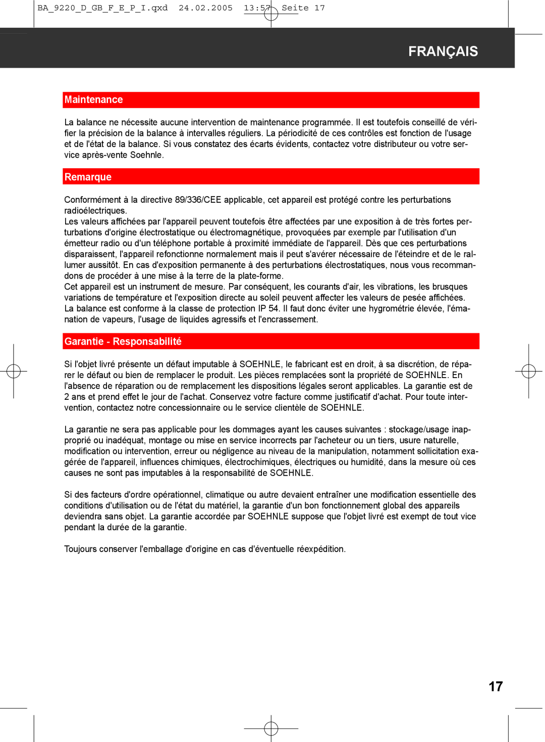 Soehnle 9220 manual Remarque, Garantie - Responsabilité, Français, Maintenance 