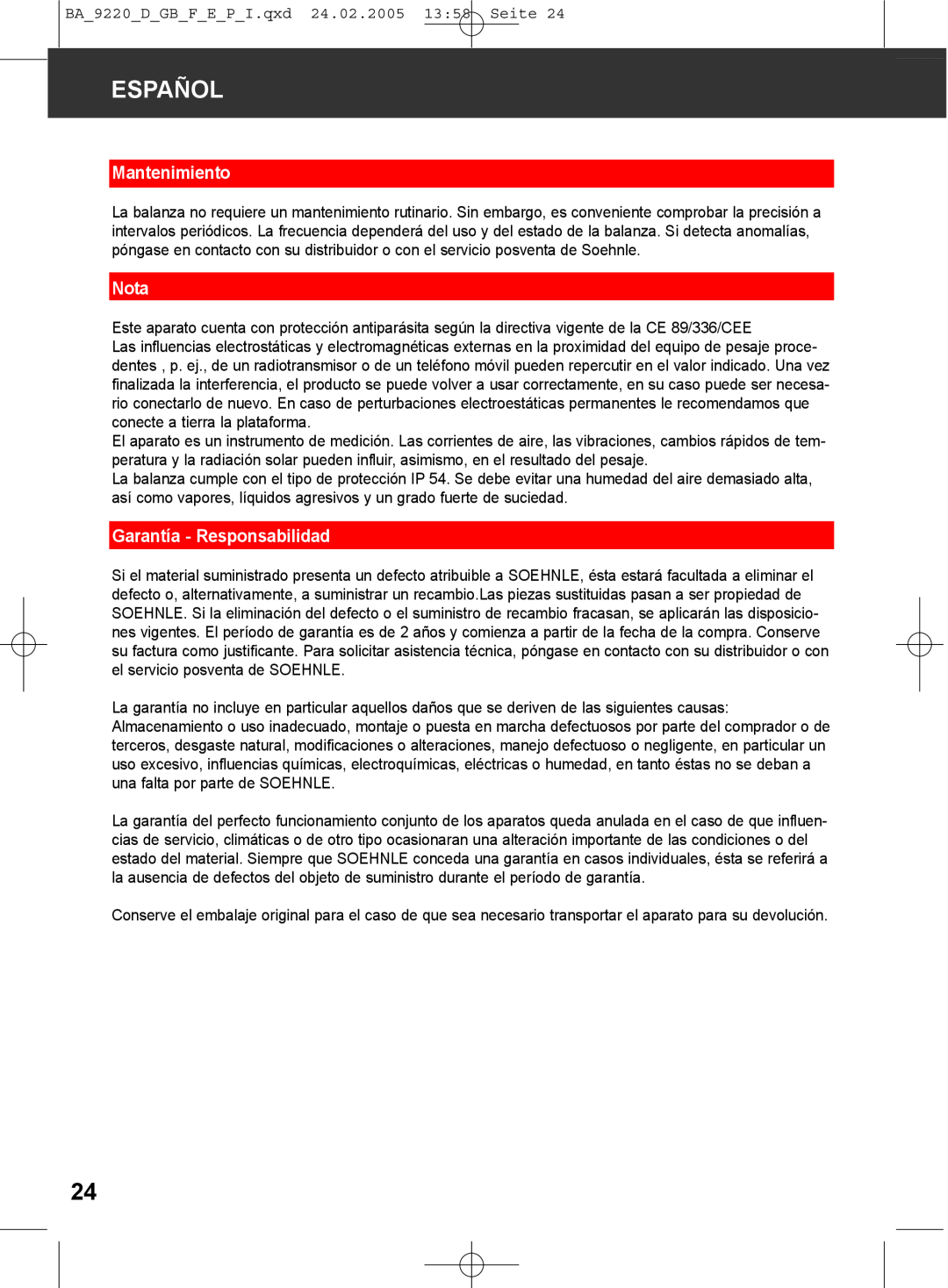 Soehnle 9220 manual Mantenimiento, Nota, Garantía - Responsabilidad, Español 