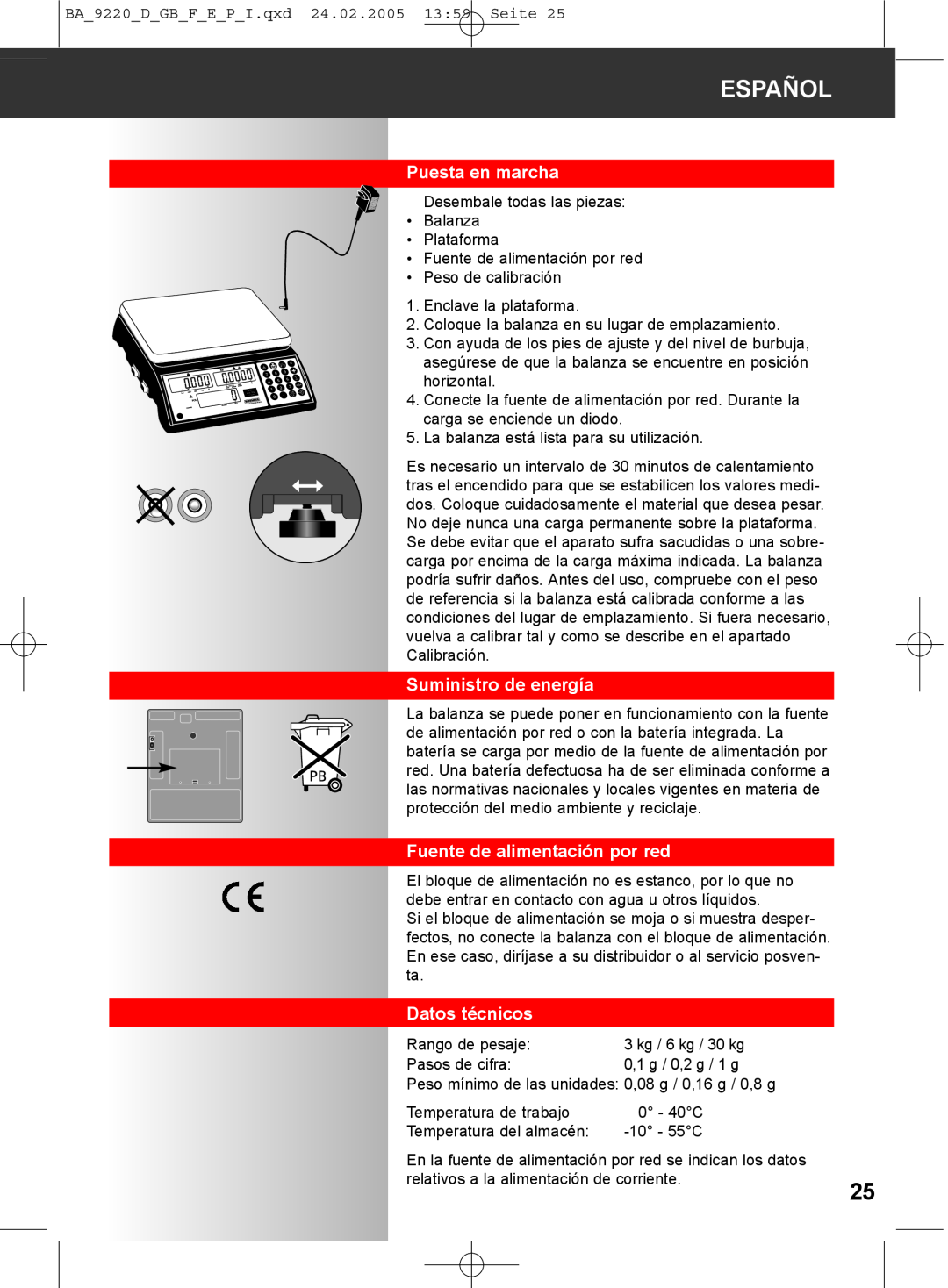 Soehnle 9220 manual Puesta en marcha, Suministro de energía, Fuente de alimentación por red, Datos técnicos, Español 