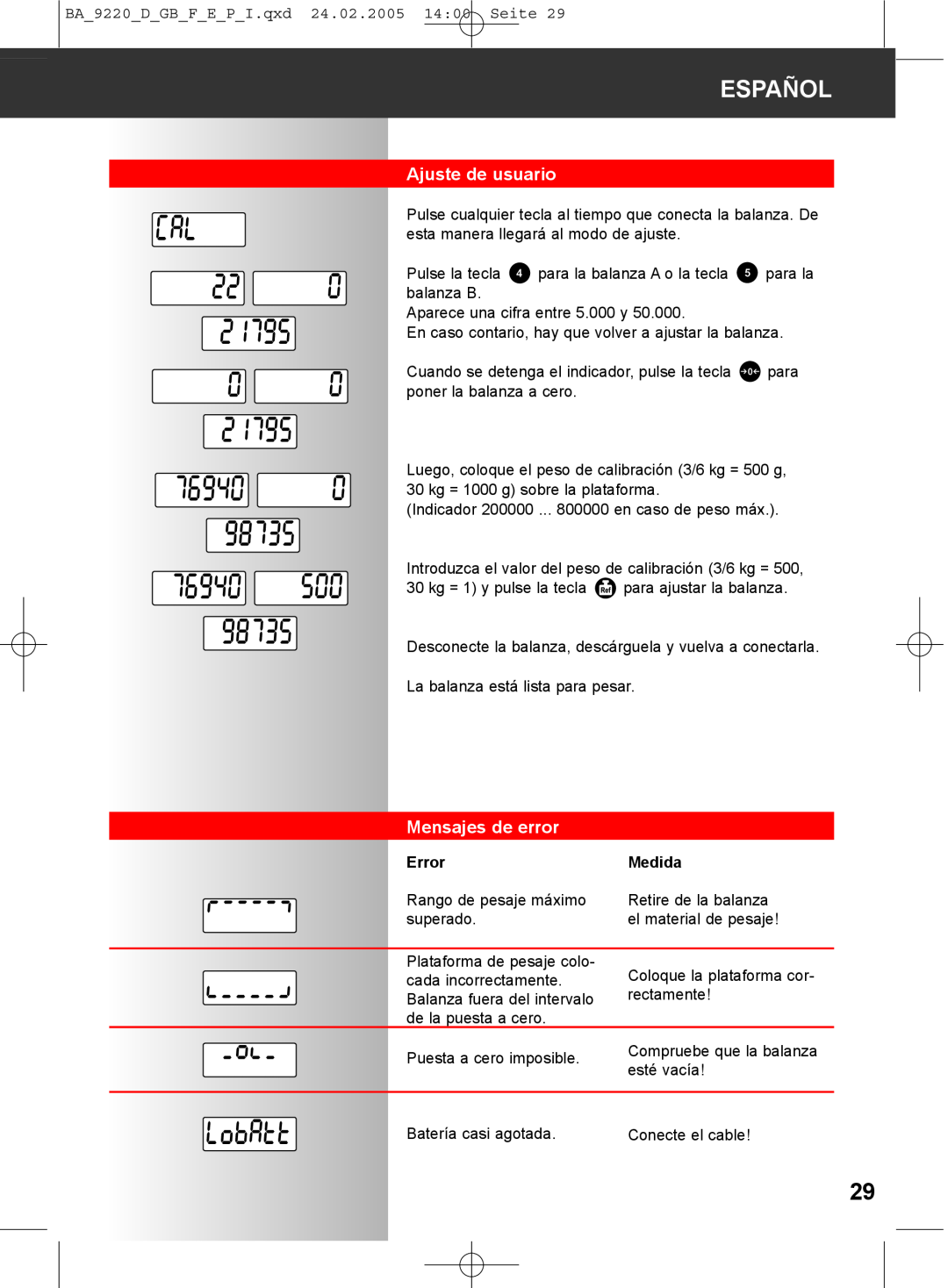 Soehnle 9220 manual Ajuste de usuario, Mensajes de error, Español, Error, Medida 