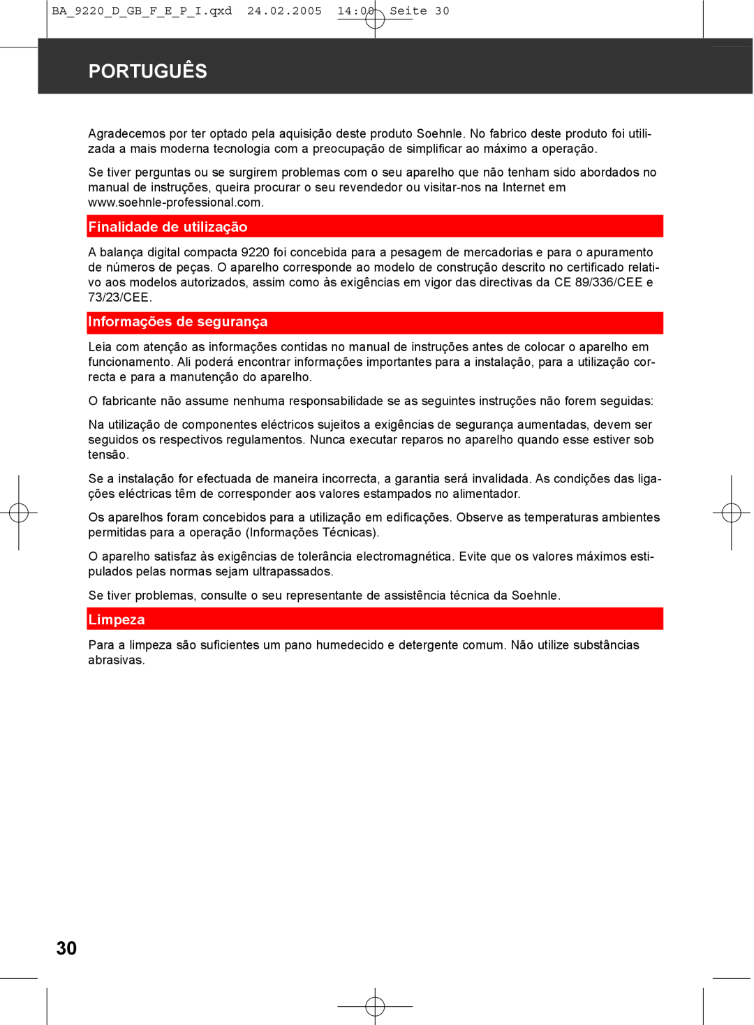 Soehnle 9220 manual Português, Finalidade de utilização, Informações de segurança, Limpeza 