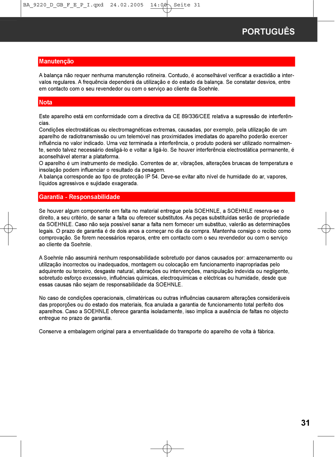 Soehnle 9220 manual Manutenção, Garantia - Responsabilidade, Português, Nota 