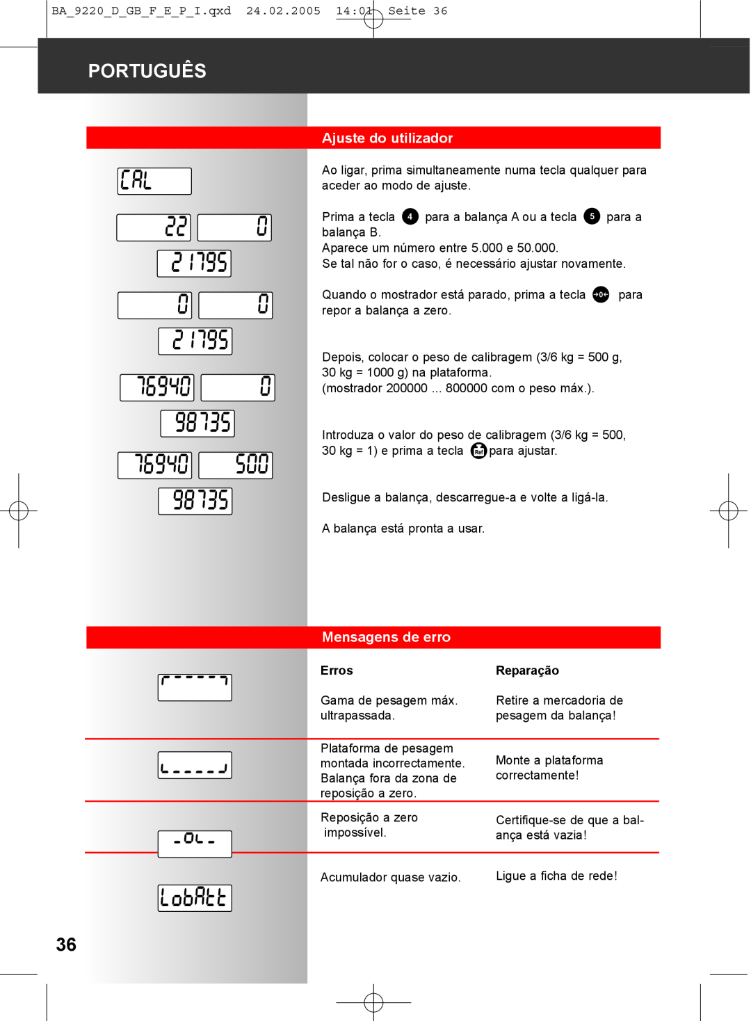 Soehnle 9220 manual Ajuste do utilizador, Mensagens de erro, Português, Erros, Reparação 