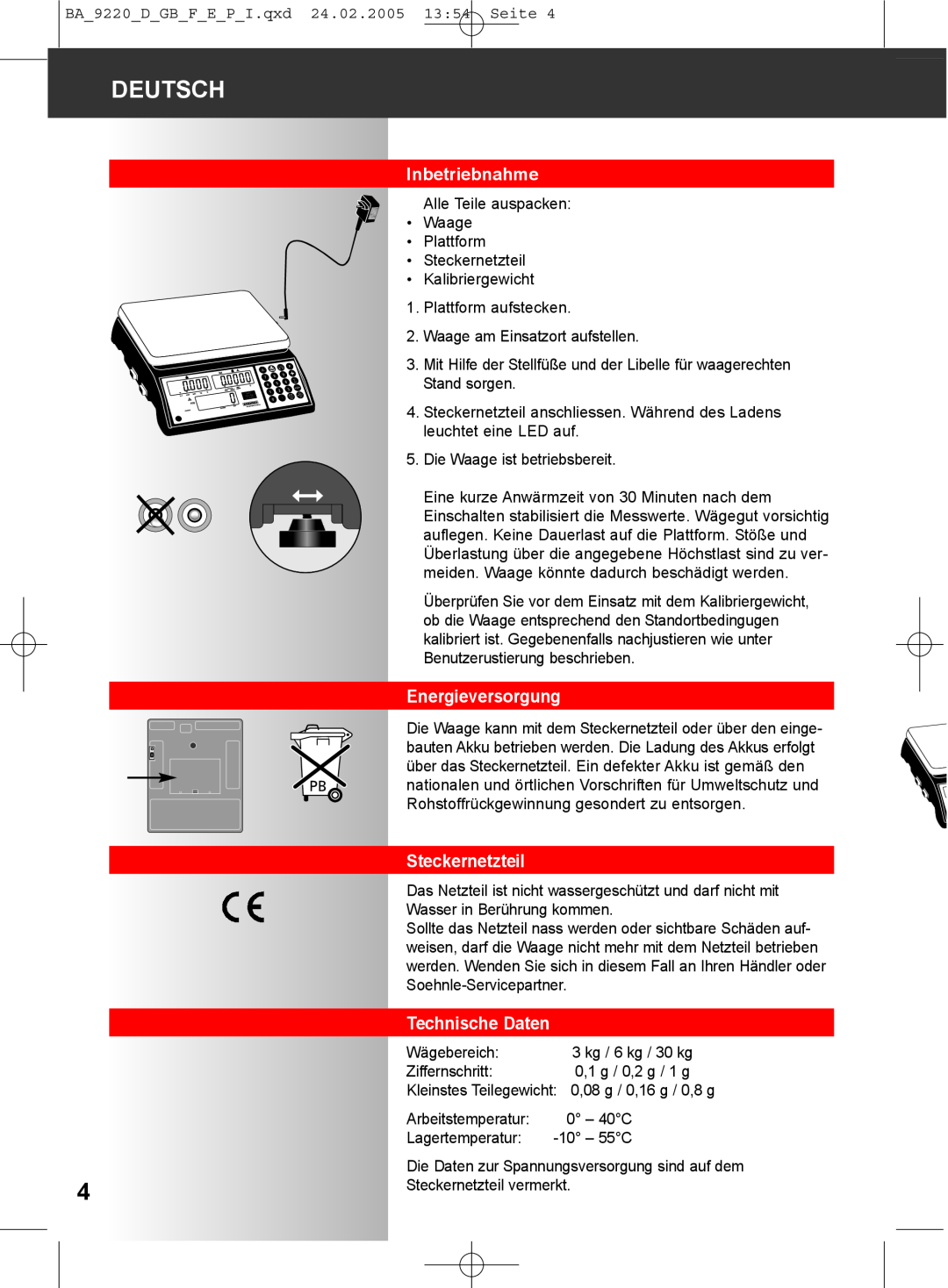 Soehnle 9220 manual Inbetriebnahme, Energieversorgung, Steckernetzteil, Deutsch, Technische Daten 