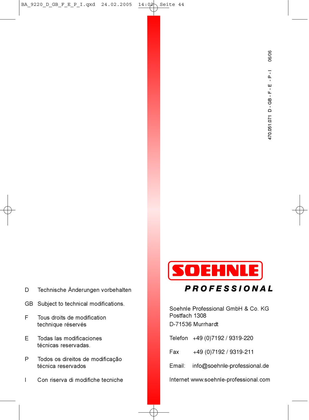 Soehnle 9220 manual P Todos os direitos de modificação técnica reservados 