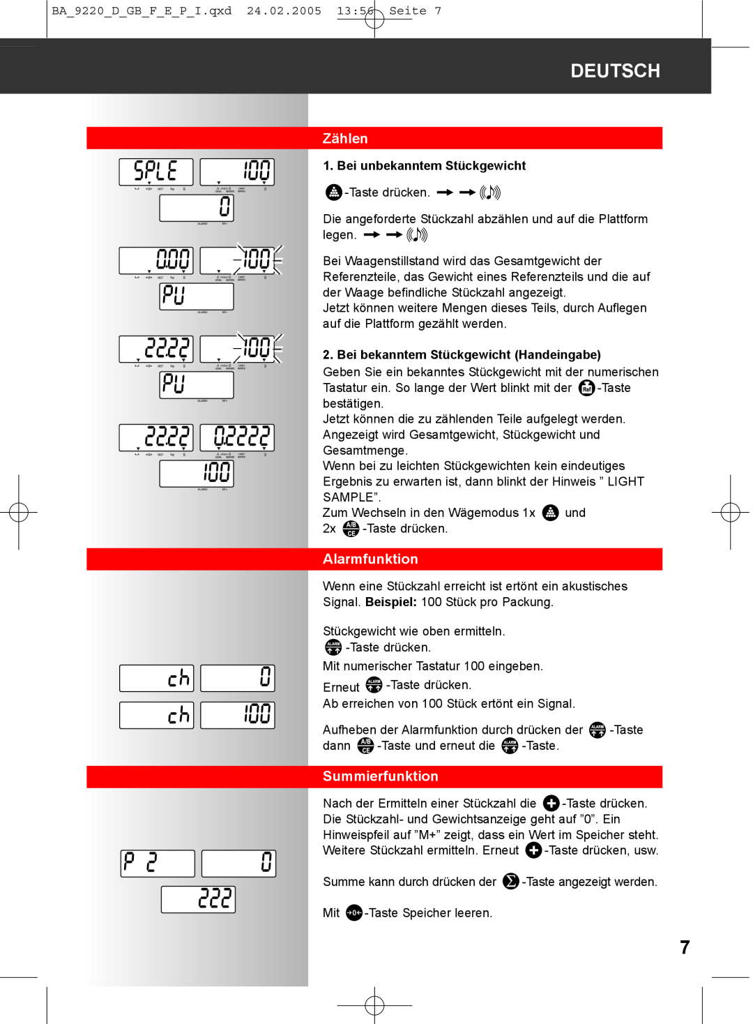 Soehnle 9220 manual Zählen, Alarmfunktion, Summierfunktion, Deutsch, Bei unbekanntem Stückgewicht 