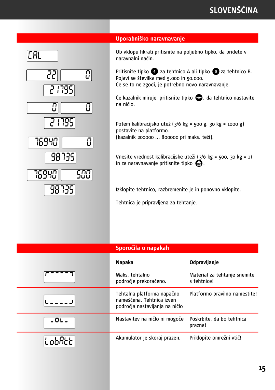 Soehnle 9220 manual Uporabniško naravnavanje, Sporočila o napakah, Slovenščina, Napaka, Odpravljanje 