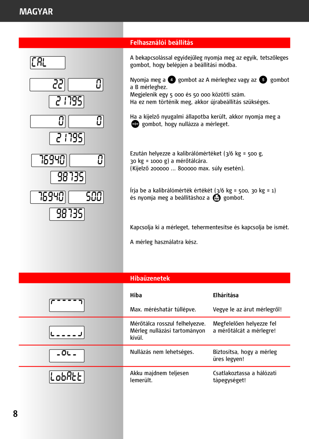 Soehnle 9220 manual Felhasználói beállítás, Hibaüzenetek, Magyar, Elhárítása 