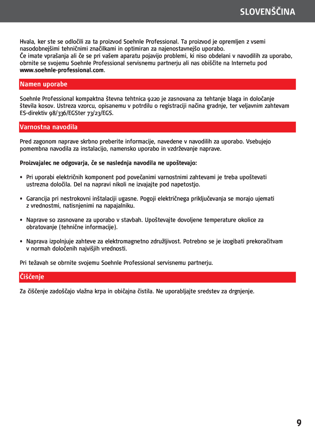 Soehnle 9220 manual Slovenščina, Namen uporabe, Varnostna navodila, Čiščenje 