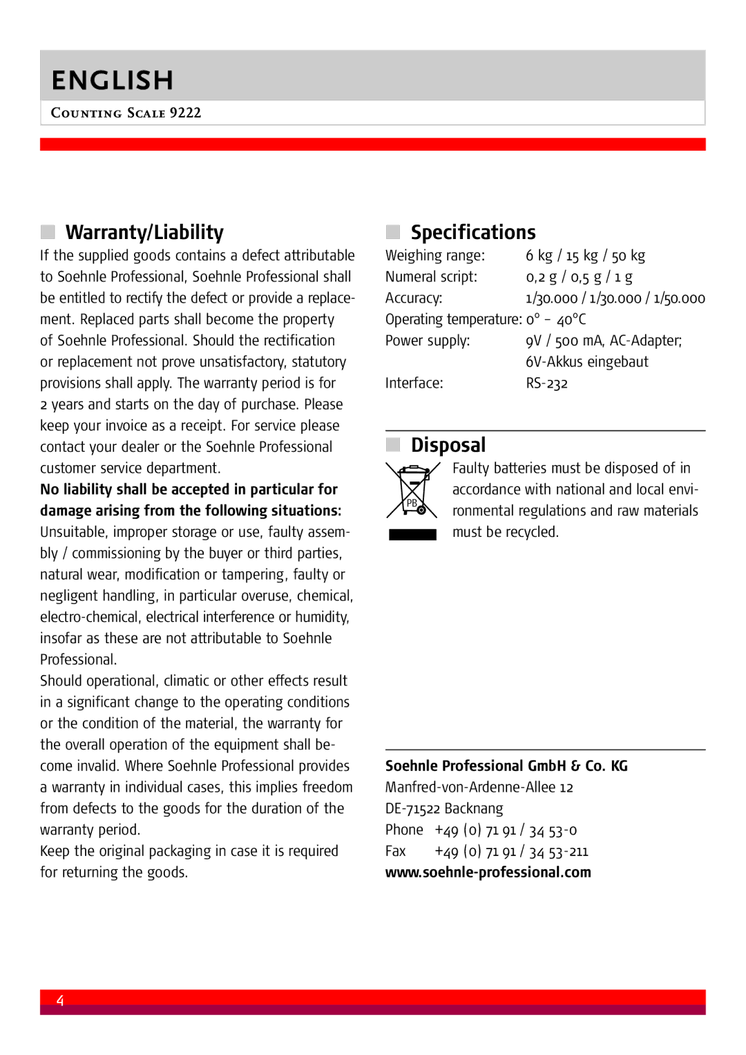 Soehnle 9222 manual Warranty/Liability, Specifications, Disposal, Soehnle Professional GmbH & Co. KG 