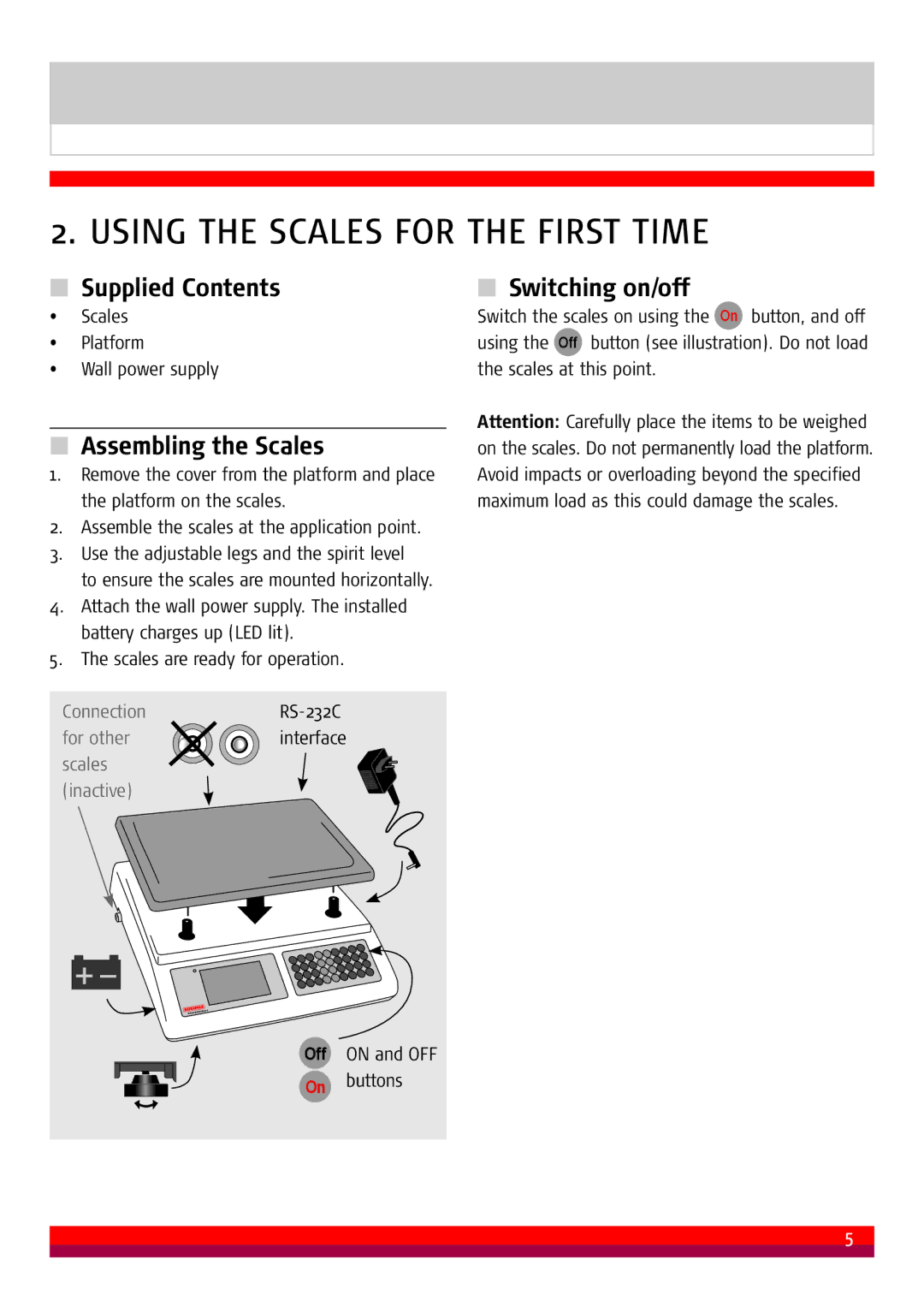 Soehnle 9222 manual Using the Scales for the First Time, Supplied Contents, Assembling the Scales, Switching on/off, Off 