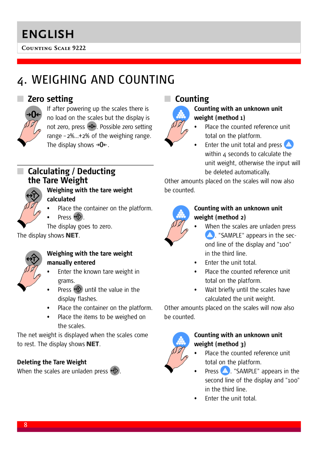 Soehnle 9222 manual Weighing and Counting, Zero setting, Calculating / Deducting Tare Weight 