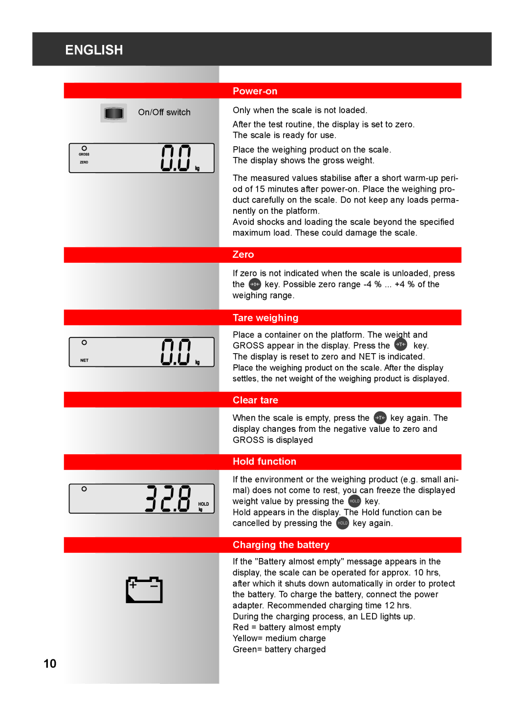 Soehnle 9240 manual Power-on, Zero, Tare weighing, Clear tare, Hold function, Charging the battery 