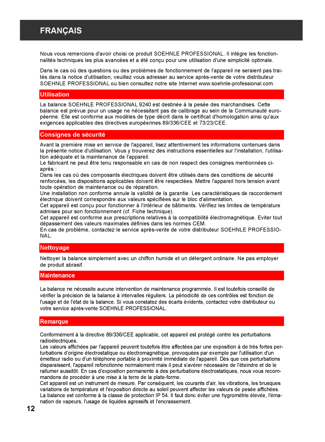 Soehnle 9240 manual Français, Utilisation, Consignes de sécurité, Nettoyage, Remarque 