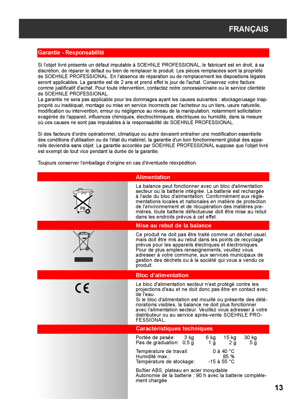 Soehnle 9240 manual Garantie Responsabilité, Alimentation, Mise au rebut de la balance, Bloc dalimentation 