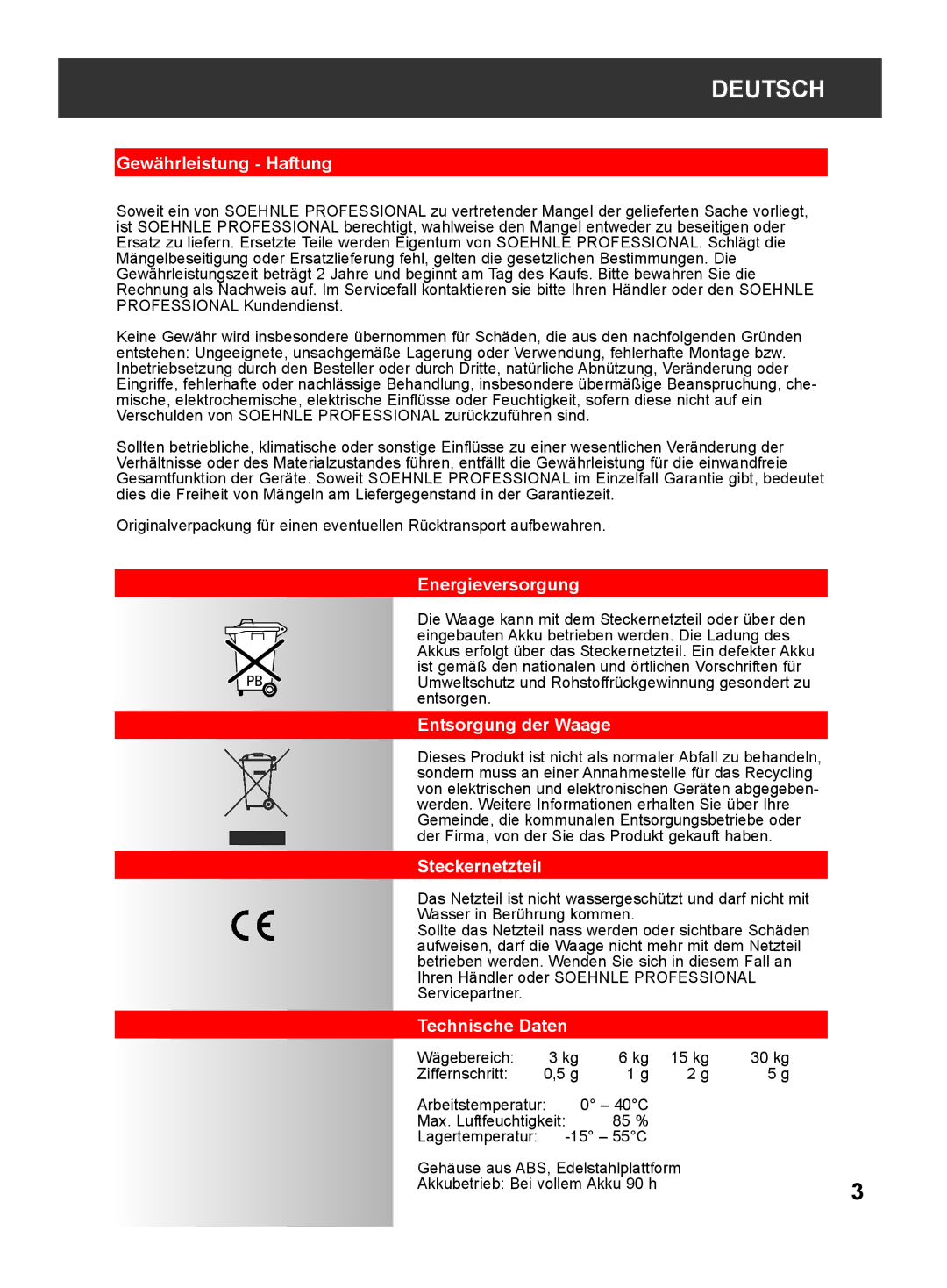 Soehnle 9240 manual Gewährleistung Haftung, Energieversorgung, Entsorgung der Waage, Steckernetzteil, Technische Daten 