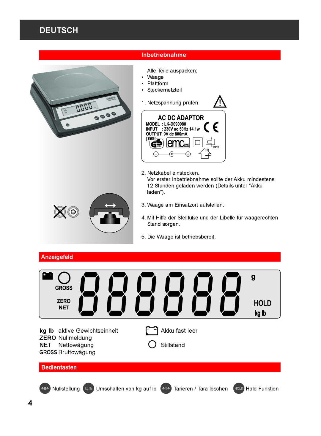 Soehnle 9240 manual Inbetriebnahme, Anzeigefeld, Bedientasten 