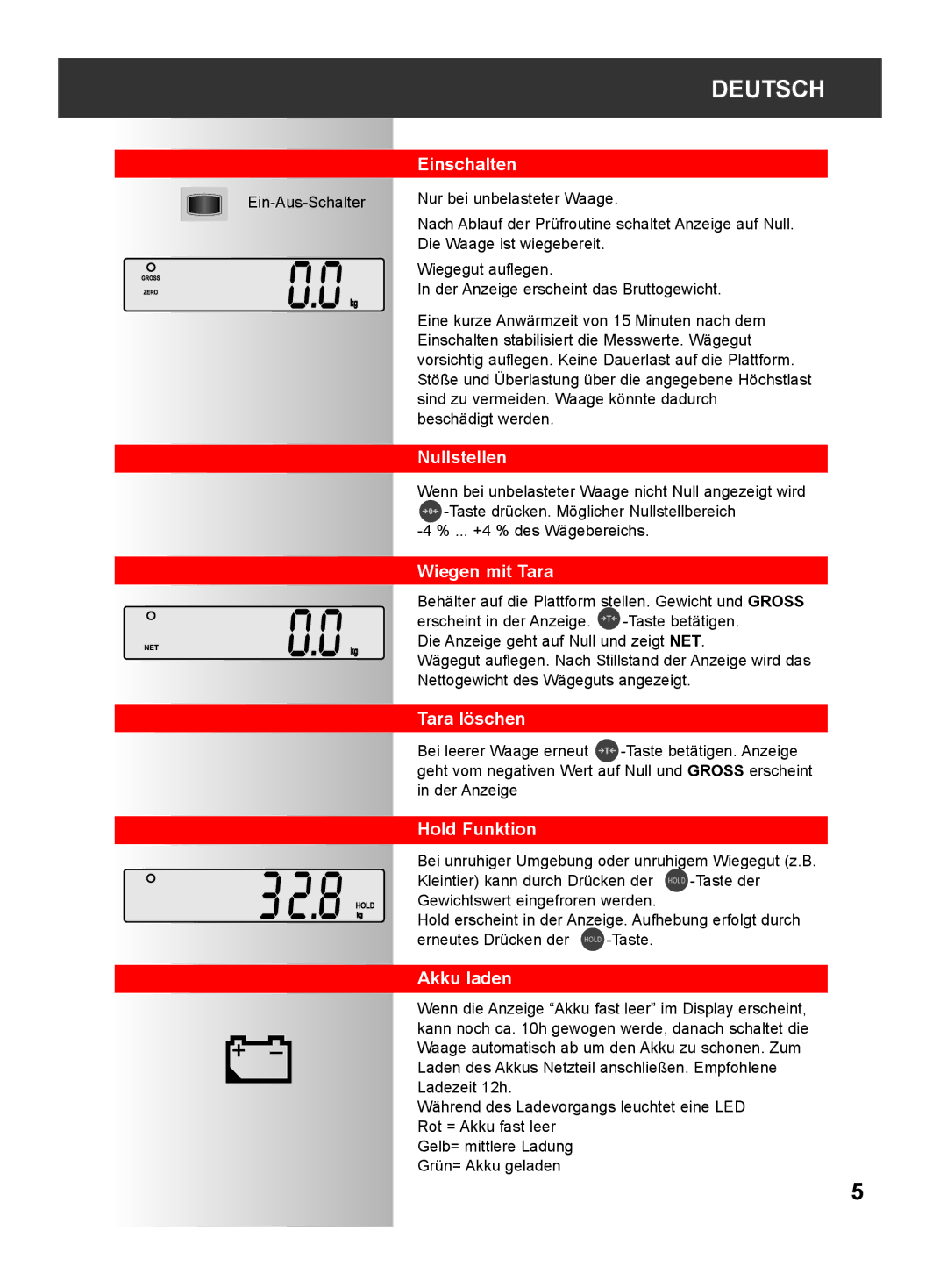 Soehnle 9240 manual Einschalten, Nullstellen, Wiegen mit Tara, Tara löschen, Hold Funktion, Akku laden 