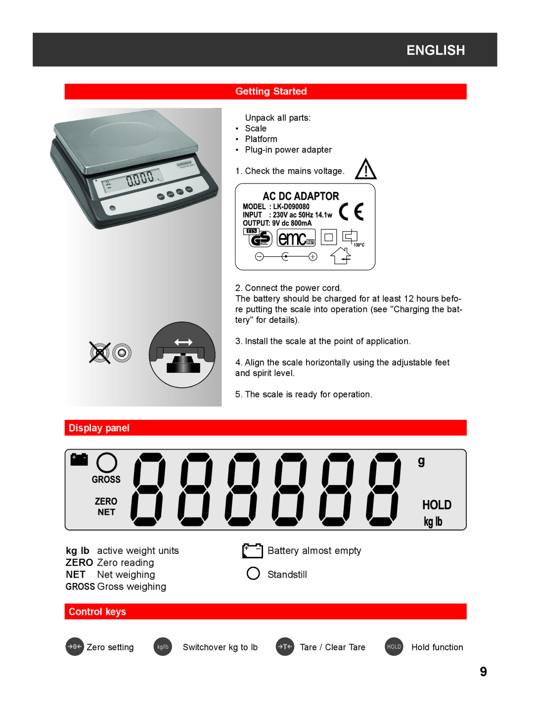 Soehnle 9240 manual Getting Started, Display panel, Control keys 