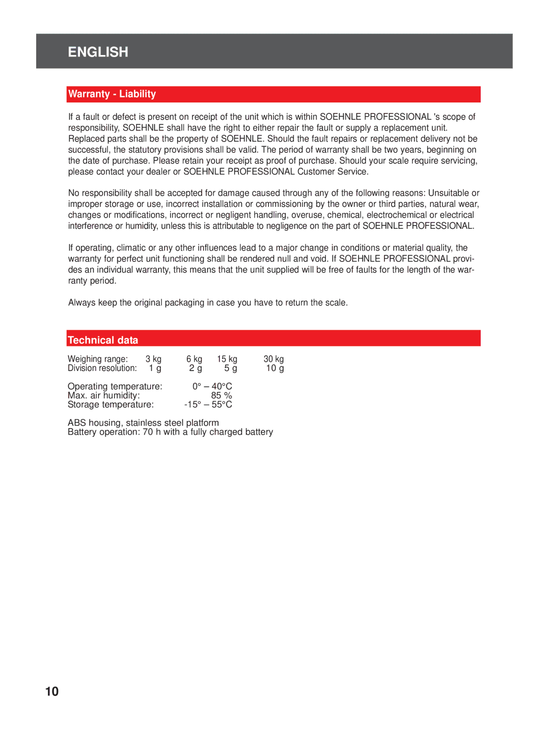 Soehnle 9320 manual Warranty Liability, Technical data 