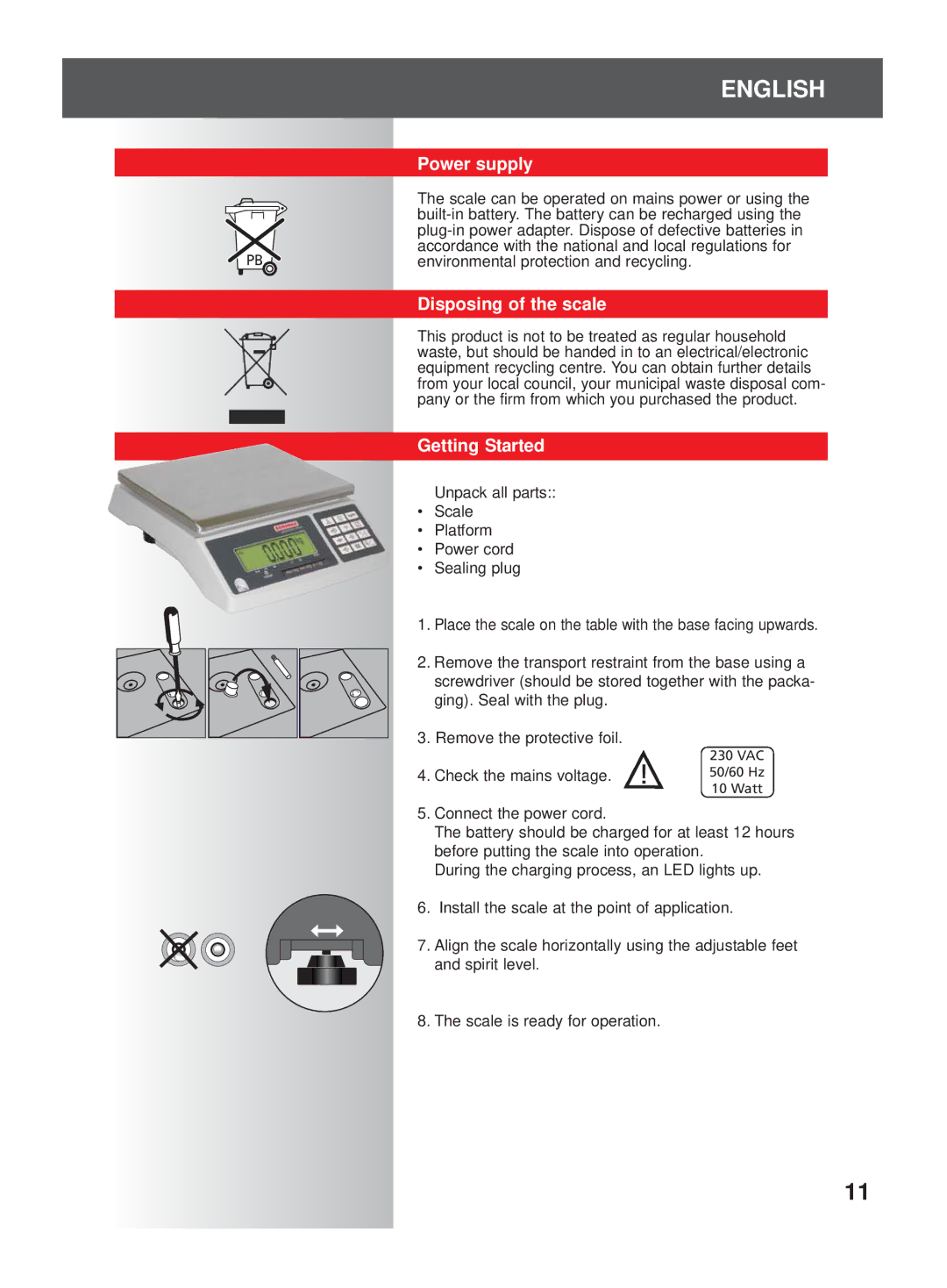 Soehnle 9320 manual Power supply, Disposing of the scale, Getting Started 