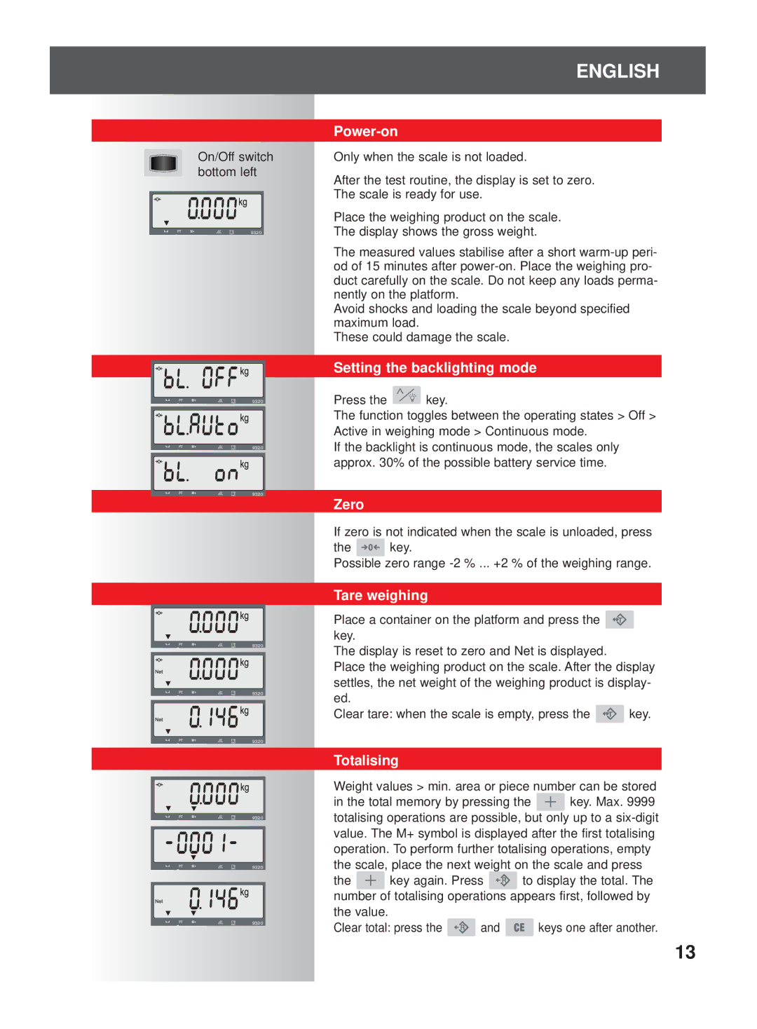 Soehnle 9320 manual Power-on, Setting the backlighting mode, Zero, Tare weighing, Totalising 