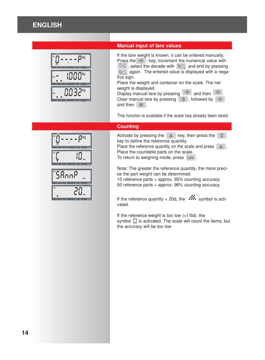 Soehnle 9320 manual Manual input of tare values, Counting 