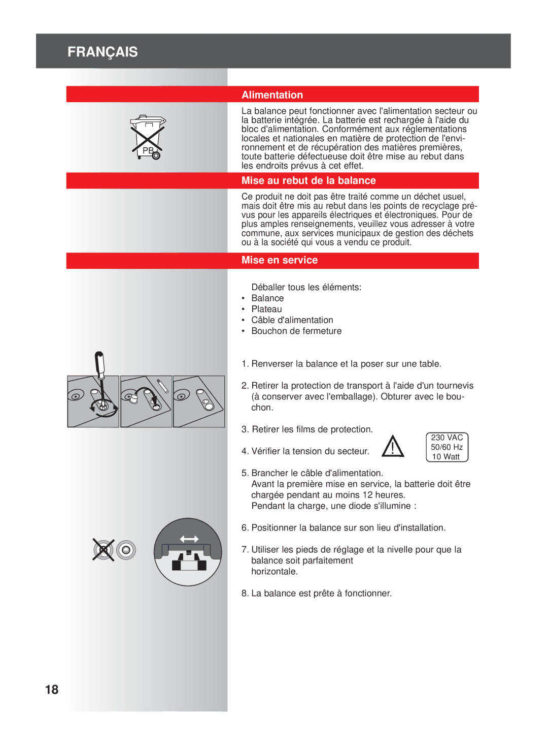 Soehnle 9320 manual Alimentation, Mise au rebut de la balance, Mise en service 