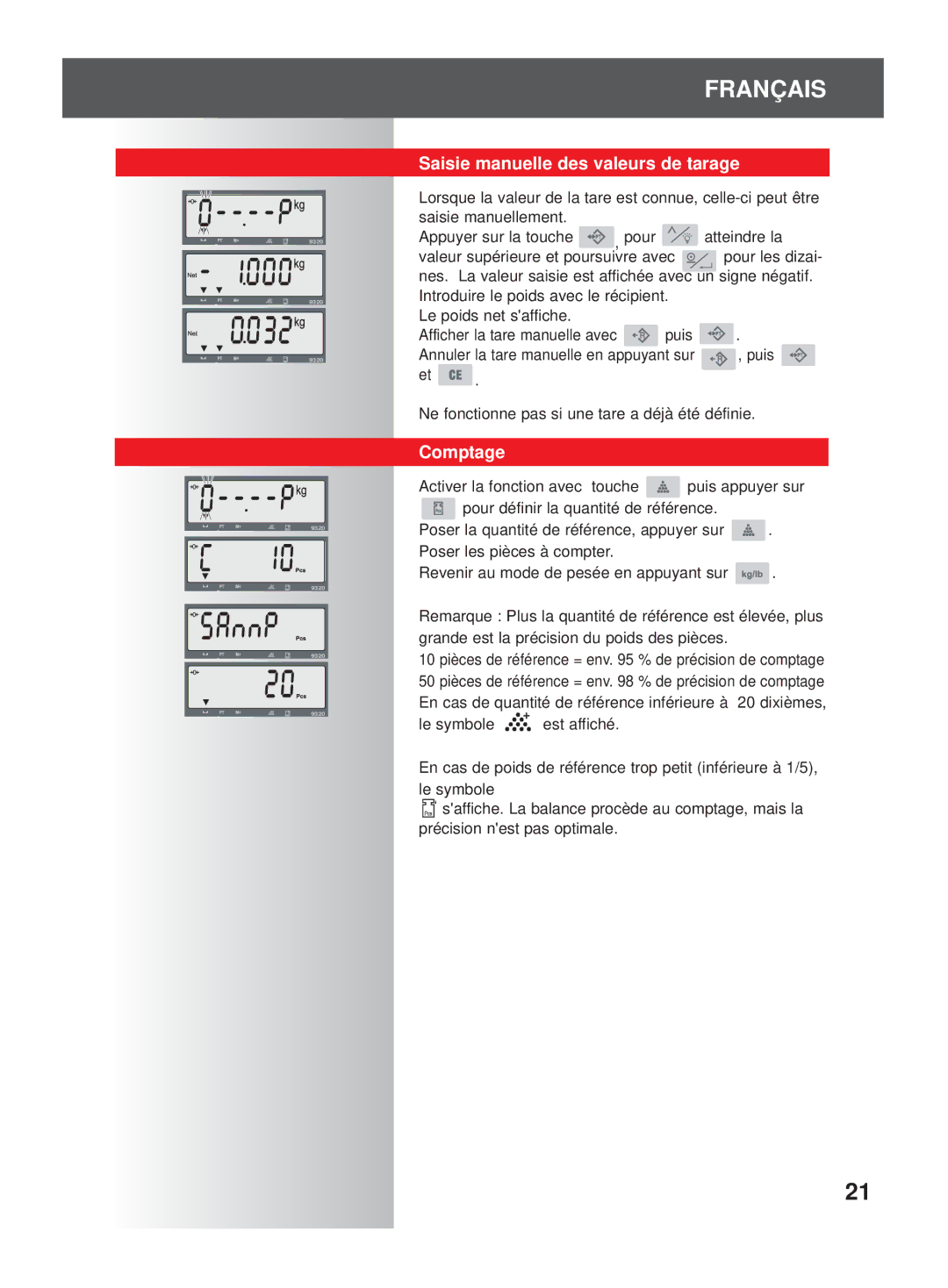 Soehnle 9320 manual Saisie manuelle des valeurs de tarage, Comptage 