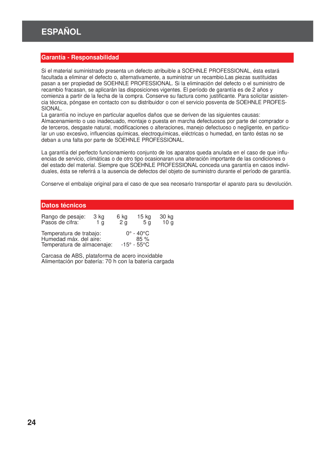 Soehnle 9320 manual Garantía Responsabilidad, Datos técnicos 